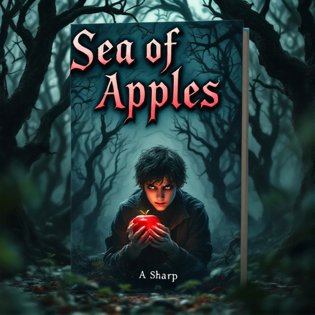 A dark and eerie forest with twisted and gnarled trees. In the foreground, there is a young adult protagonist with fear in their eyes, holding an apple that emits an ominous glow.