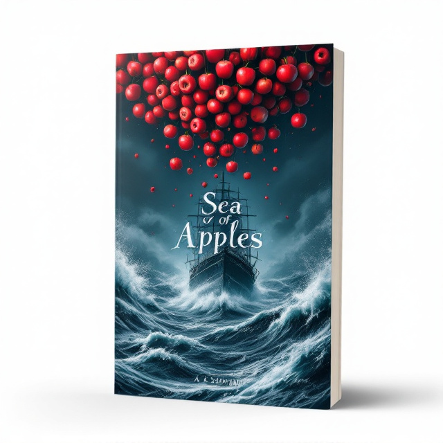 The cover features a dark and stormy sea with crashing waves, dominating the lower half of the design. In the middle, a large ship is seen sailing through the tumultuous waters. Above the ship, a cluster of red apples hangs in the sky, creating an eerie and unexpected element.