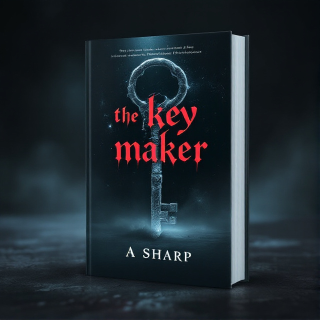 The cover features a mysterious key in the foreground, partially concealed by shadows. The background is dark with a hint of fog, creating a chilling atmosphere. The title "The Key Maker" is displayed in bold, blood-red letters, with the author name "A Sharp" written in a gothic font below.