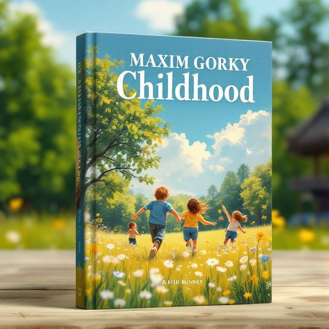 The cover features a vibrant meadow scene with Gorky and his friends playing, picking flowers, and running. The backdrop is a clear blue sky with lush green trees. The children are shown in a dynamic and joyful pose capturing the essence of innocence and exploration.