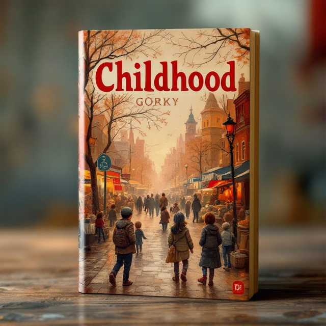 The cover features a bustling urban scene with city streets, markets, and schools. In the foreground, Gorky is depicted interacting with neighborhood kids, showcasing the theme of childhood. The background consists of a busy market and buildings, adding complexity to the cover. Warm shades of red and brown are used to evoke nostalgia and reflection.