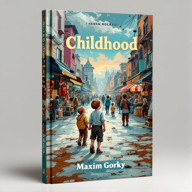 The cover features a young boy, Gorky, playing in the street with other neighborhood kids. The backdrop showcases a busy market with vibrant stalls and buildings. The scene evokes a sense of complexity, nostalgia, and reflection.