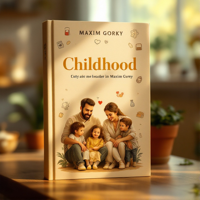 The cover features a warm beige background with a soft glow, reminiscent of a cozy family home. In the foreground, there is an image of Gorky and his family sitting together, with warm light shining on them. The image captures a genuine moment of love and togetherness. On the side, there are small illustrations depicting various homey items that evoke childhood memories.