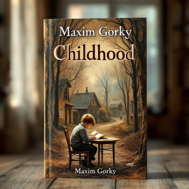 The cover features an old Russian village scene with wooden houses, surrounded by bare trees. In the foreground, a young boy is sitting at a small table, engrossed in a book. Light streams through a window, casting a warm glow on the boy and the room.