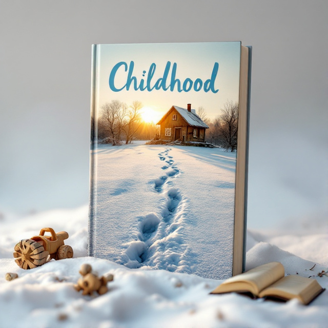 The cover features a pair of small footprints leading through a snowy field towards a weathered wooden house in the distance. The sun is setting behind the house, casting long shadows. In the foreground, there is a broken wooden toy and an open book, symbolizing childhood and the passage of time.