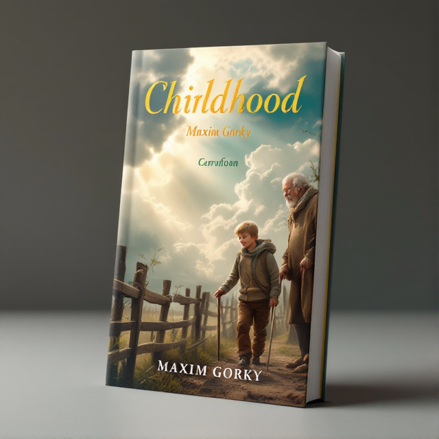 The cover features a young boy walking alongside his grandfather, who is holding a cane. They are walking along a wooden fence under a cloudy sky. Sunlight is breaking through the clouds, symbolizing hope. The boy is struggling to carry a heavy load, representing the conflicts and challenges of childhood.