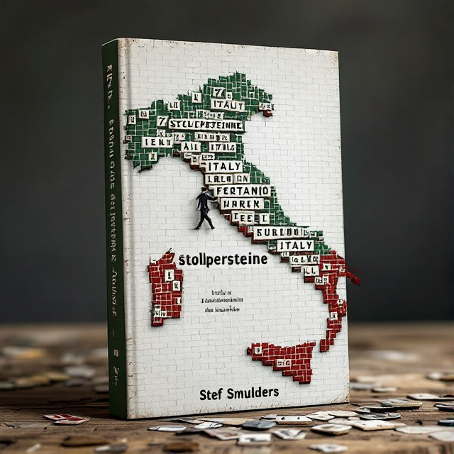 The cover features a map of Italy made up of scrabble stones of different heights. Each block of the map contains an Italian word. The map is colored green in the north, white in the middle, and red in the south. A person, about a third the size of the map, is stumbling and falling on top of it, trying to walk from the north to the south.