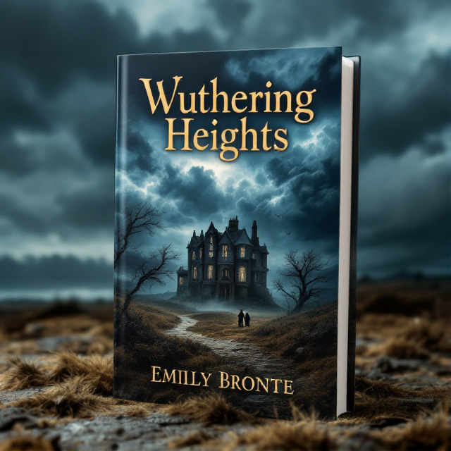 The cover features a desolate scene of Wuthering Heights in the midst of a storm, with rolling dark clouds and wild moors in the background. The brooding exterior of the house is prominently displayed, while the silhouettes of Heathcliff and Catherine can be seen swaying in the wind. The overall visual style is intense and dramatic, capturing the passion and sorrow that permeate the story.