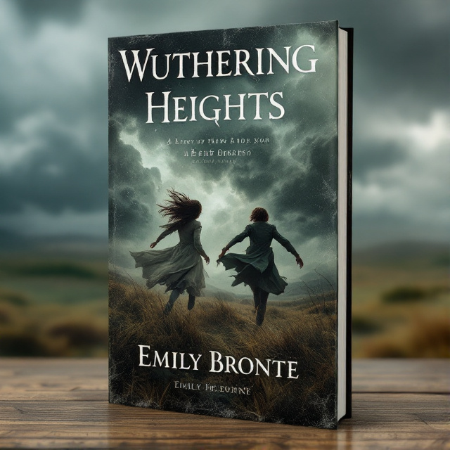 The cover features a close-up image of Heathcliff and Catherine running in the moors, their hair and clothing being swept back by the fierce winds. The background is filled with rolling dark clouds, symbolizing the tumultuous emotions and conflict within the story. The colors used are deep greens, grays, and purples, creating a sense of wildness and intensity.