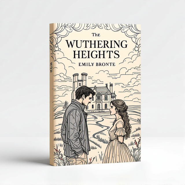 The cover features a beautifully illustrated scene of Heathcliff and Catherine in a confrontational pose in front of Wuthering Heights. The line patterns of the house and surrounding moors create a sense of complexity and depth. The background showcases line-drawn clouds and moors, adding to the tension between the characters.