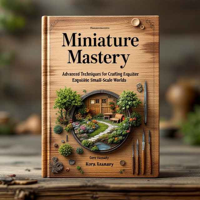 The cover features a central focus of a miniature landscape scene, depicting a tiny garden with lush greenery, colorful flowers, and a small wooden bench. Surrounding the scene are carefully arranged miniature crafting tools, including tweezers, fine brushes, and small woodcarving instruments. The background is textured with a natural wood pattern in warm, earthy tones, adding a handmade, craftsman feel to the design.