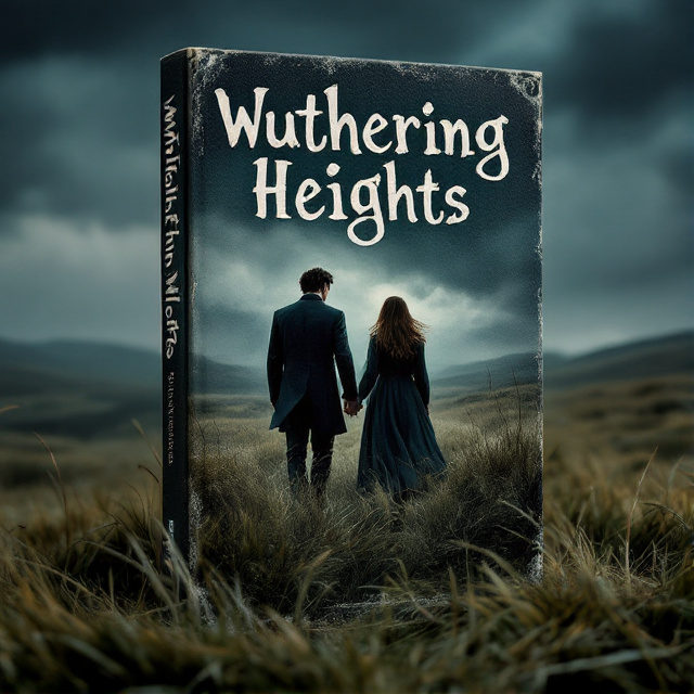 The cover depicts a dark, stormy sky as the backdrop, with the turbulent moors stretching out below. In the foreground, Heathcliff and Catherine are shown walking side by side, their figures slightly blurred to evoke movement. The grass around them sways in the fierce winds, adding to the atmosphere of tension and emotional resonance.