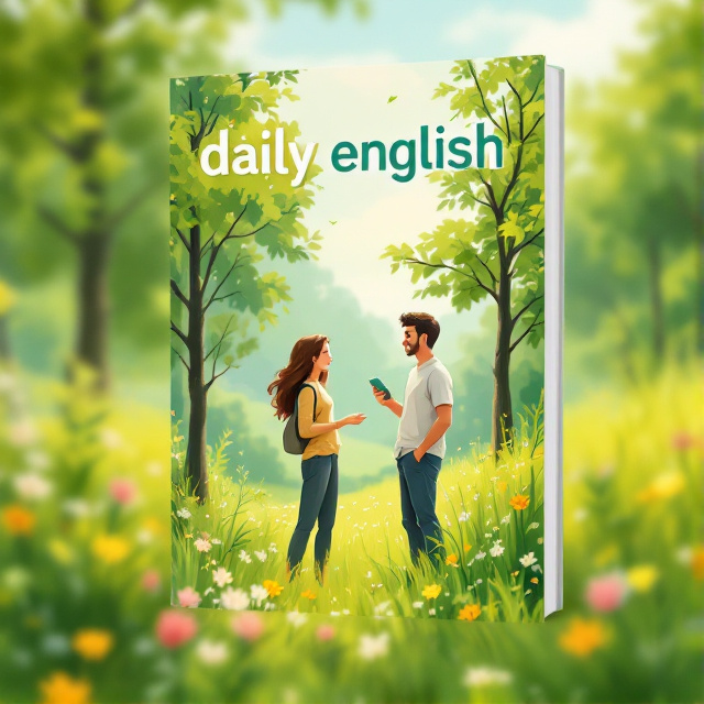 The cover will feature an illustration of two people standing in a lush green field, surrounded by trees and flowers. They will be engaged in a friendly conversation, with one person holding the "daily english" book in their hand. The overall illustration will convey a sense of happiness, peace, and confidence.