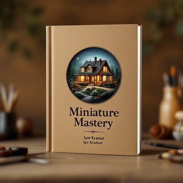 A round icon featuring a detailed miniature house with soft lighting, surrounded by crafting tools like tweezers and brushes, all placed on a warm wood-textured background.