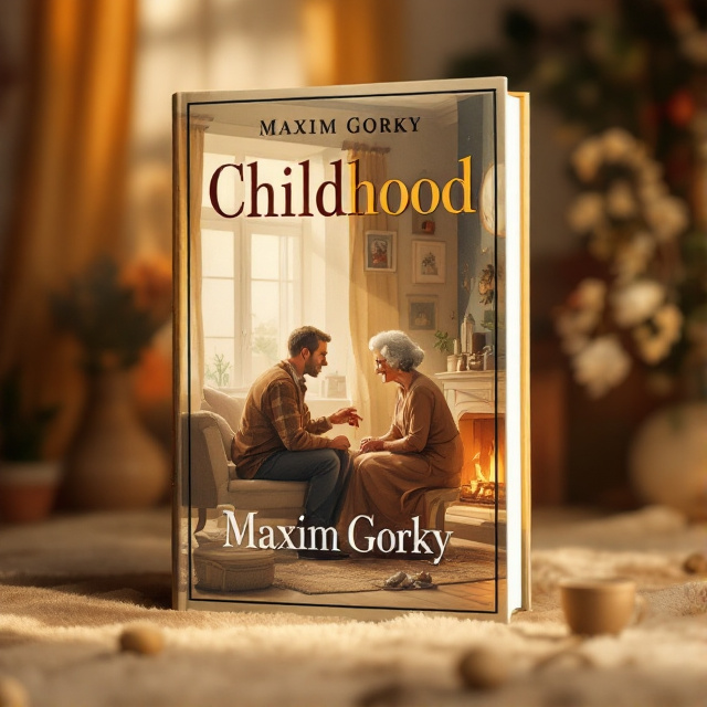 The cover features an illustration of Gorky and his grandmother sitting in a cozy home, surrounded by warm lighting and family details. The background is filled with soft beige, brown, and warm yellow tones, creating a homely atmosphere. Gorky and his grandmother are shown talking by the fireplace, emphasizing the warmth and care in their relationship.