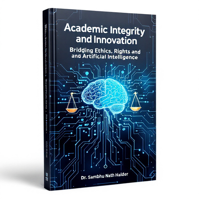 The cover features a combination of abstract and technological elements. In the center, there is an abstract representation of a human brain, symbolizing the theme of artificial intelligence. Surrounding the brain, there are interconnected circuit patterns, representing innovation and technology. Ethics and rights are depicted through the presence of scales, symbolizing justice and balance. The overall color scheme is a mix of cool blues and metallic silver, creating a futuristic and professional look.
