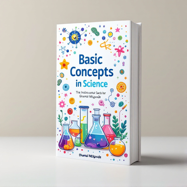 The cover design will feature a vibrant and dynamic illustration of scientific elements such as test tubes, atoms, and plant cells. These elements will be arranged in a visually appealing and balanced composition, with each subject (physics, chemistry, biology) represented equally.