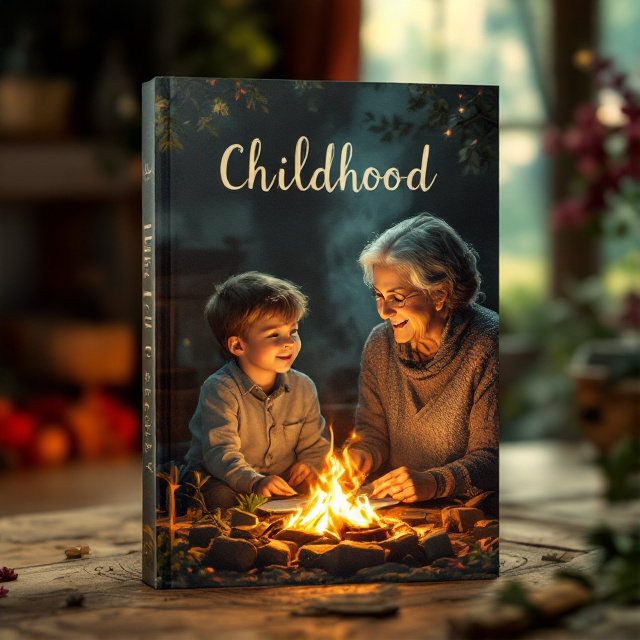 The cover features a young boy and his grandmother sitting near a fireplace. The grandmother has a soft smile on her face as she tells a story, creating a sense of nostalgia and warmth. The scene is surrounded by natural scenery and a cozy home environment, further emphasizing the intimacy of the moment.