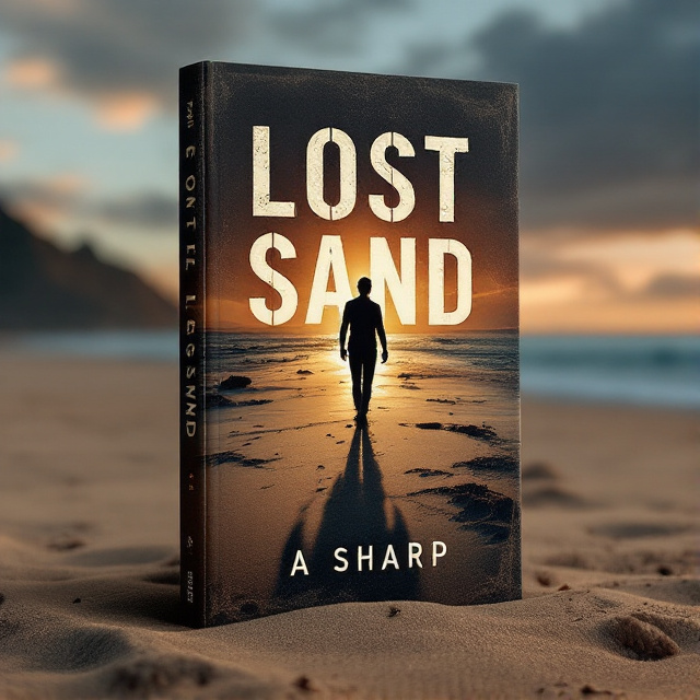 The cover features a silhouette of a person walking along a desolate beach at dusk, with the setting sun casting long shadows. The sand is depicted as shifting and unstable, with hints of buried secrets beneath the surface.