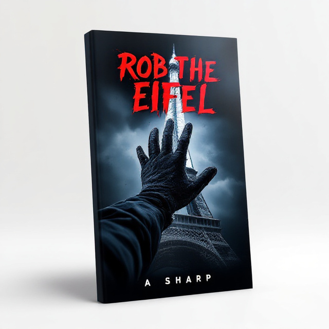 The cover features a close-up shot of a gloved hand reaching out towards the Eifel Tower, giving a sense of suspense and action. The hand is positioned slightly off-center, with the tower in the background, creating a dynamic composition. The color palette is dark and moody, with hints of red to evoke a thrilling atmosphere.