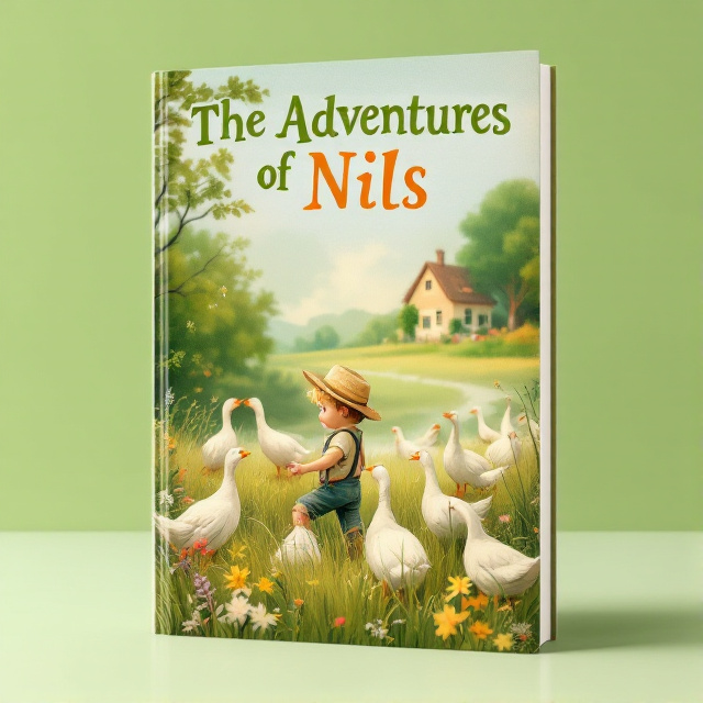 The cover depicts Nils, a young boy with blond hair, wearing a straw hat and playing in a beautiful countryside. He is surrounded by geese, grazing peacefully in a grassy meadow. In the background, there is a quaint cottage with flowers blooming in the garden.