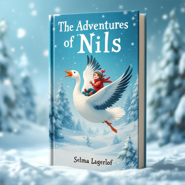 The cover features Nils riding on the back of a large goose, flying through a snowy landscape. The snowy trees and twinkling snowflakes create a magical and wondrous atmosphere.