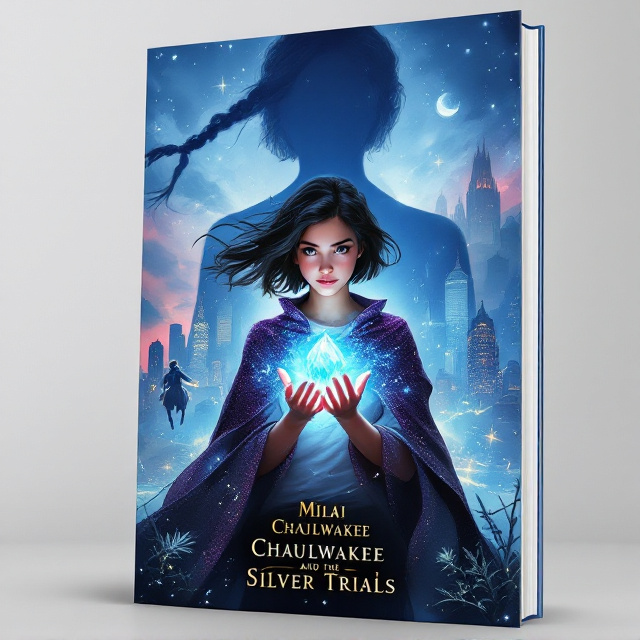 The cover features an acrylic painting in a 2D style, with a teenage girl in the center. She has short black hair waving in the wind, and she is hovering and glowing with a blue light. She is dressed casually, with a short purple/magenta glittering cloak around her shoulders. Her hands are held up before her chest, holding a glittering crystal floating and glowing with a blue light. In the background, there is the large shadow silhouette of a woman with a long braid. In the distance, there is a glowing city of tall skyscrapers, with shadows beneath. On the girl's left, a unicorn can be seen in the distance, running with a rider on its back, leaving behind a glittering golden trail.