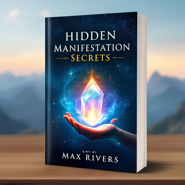 The title "Hidden Manifestation Secrets" is prominently placed at the center of the cover, in a bold and elegant font. Beneath the title, a glowing crystal is positioned, radiating vibrant energy. An open hand is placed just below the crystal, symbolizing the power of manifestation. In the background, serene mountains rise majestically, representing stability and transformation. The overall style of the cover is clean and modern, with subtle textures adding depth and interest.