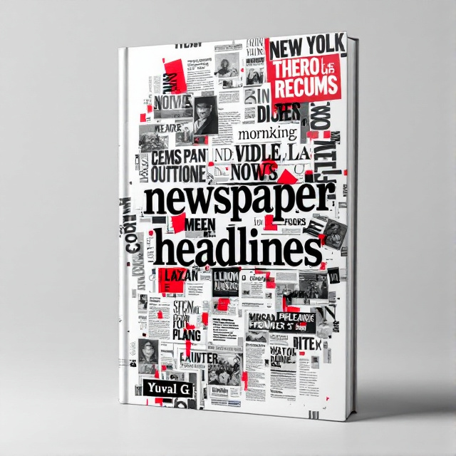 The cover features a collage of newspaper headlines, overlapping and scattered across the page. The headlines are in bold, eye-catching fonts and are arranged in a chaotic and slightly disorganized manner. The colors used are mostly black and white, with occasional pops of red for added intrigue.