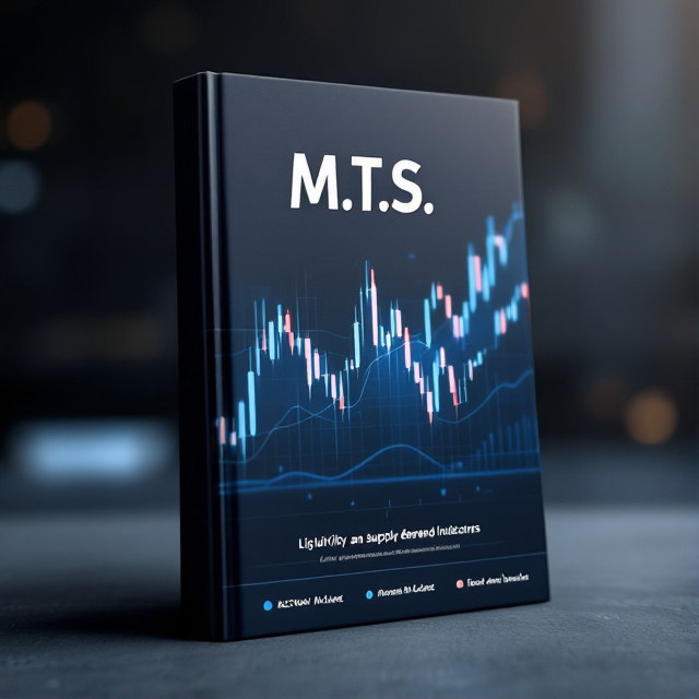 The cover features a close-up image of digital candles forming a chart in the background. In the foreground, there is an illustration of liquidity and supply and demand indicators. The overall style is minimalistic and modern.
