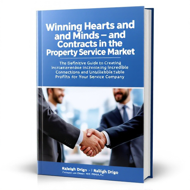 The cover features a professional blue background with a subtle gradient. In the center, there is an image of a handshake between a home service provider and a commercial entity representative, symbolizing building connections. On the top left corner, the book title "Winning Hearts and Minds - and Contracts - in the Property Service Market" is displayed in bold white letters. On the bottom right corner, the author's name "Raleigh Drigo, Founder and Owner, PMHOA Pro" is written in a stylish font.