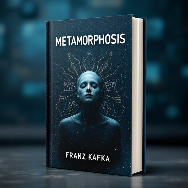The cover features a dark navy blue background with a slightly blurred image of an AI room. In the center, a person is shown waking up, half-human and half-bug, representing the metamorphosis theme of the book.