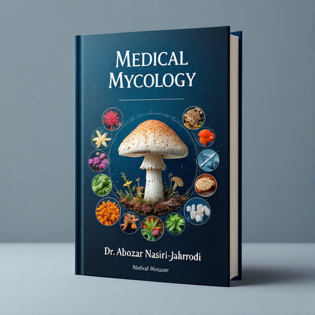 The cover features a dark blue background with a central image of a mushroom, representing the world of mycology. Surrounding the mushroom are images of fungi and different medical tools, symbolizing diseases and the medical aspect of the book.