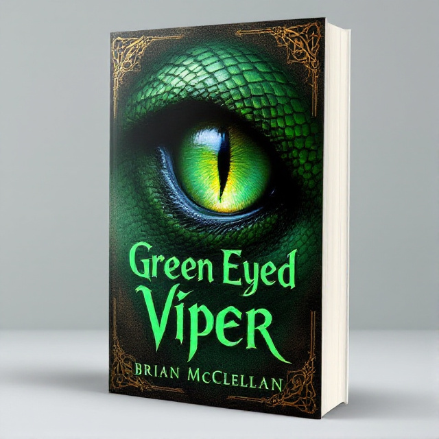 The cover features a close-up view of a green viper's eye, its intense glare captivating the viewer. The eye is positioned in the center of the cover, filling most of the space, with its scales and vibrant green color highlighted. In the background, there is a subtle texture resembling ancient scrolls, adding a fantasy element to the design.
