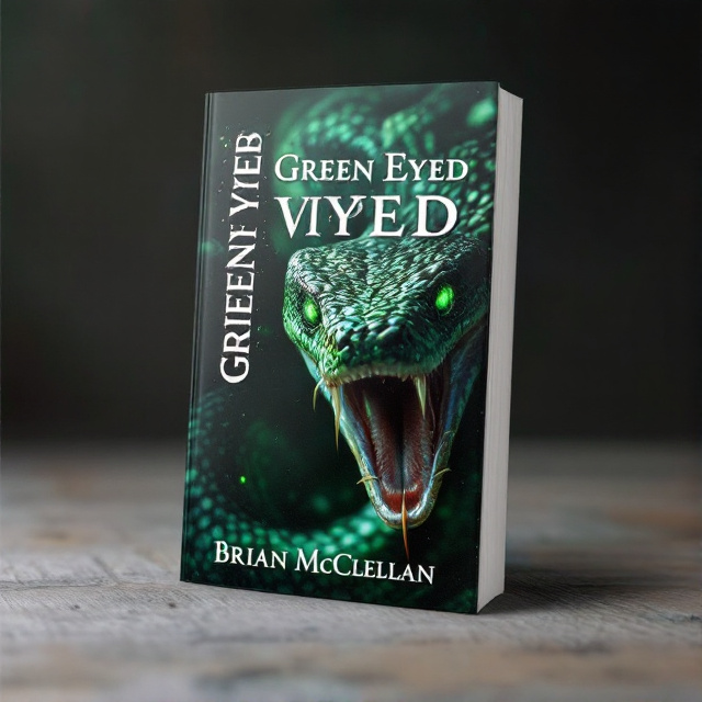 The cover features a close-up image of a green-eyed viper, with its fangs visible and ready to strike. The snake is set against a dark and mysterious background, reminiscent of a hidden fantasy world. The title "Green Eyed Viper" is placed vertically on the left side of the cover, with the author's name "Brian McClellan" displayed horizontally at the bottom.