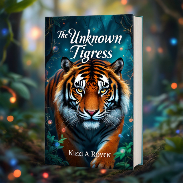A close-up image of a fierce-looking tigress, with piercing eyes and a powerful stance, in a lush and mystical forest setting. The background consists of vibrant colors and magical elements, such as floating orbs and glowing vines.