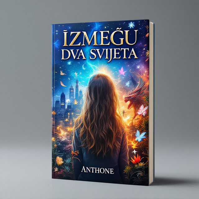 The cover features a girl positioned in the center, her back facing the viewer. She is depicted in two different worlds on the left side, she is shown as a normal human being in a typical cityscape, while on the right side, she is shown with magical creatures in a vibrant fantasy setting. The stark contrast between the two worlds creates a sense of conflict and dilemma.