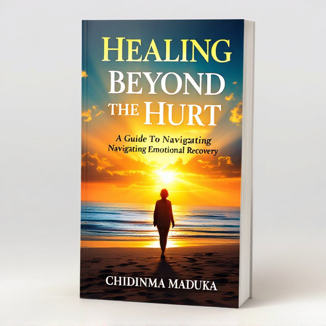 The cover features a serene nature scene, with a vibrant sunset over a calm ocean. The colors transition from warm oranges and yellows to cool blues, symbolizing the journey from pain to healing. In the foreground, a silhouette of a person is walking towards the horizon, representing resilience and moving forward. Rays of light shine down, providing a sense of hope and empowerment.