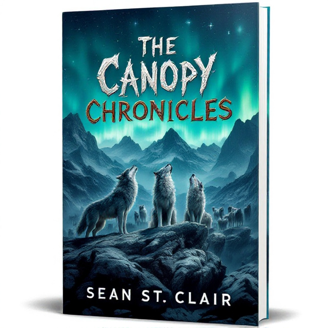 The cover features a panoramic view of a mountain range at nighttime. In the foreground, three fierce wolves stand on a rocky ledge, their gazes directed upward. Behind them, a multitude of wolves emerge from the shadows, forming a dense pack. The sky above is filled with stars and a vibrant green aurora borealis illuminates the scene.