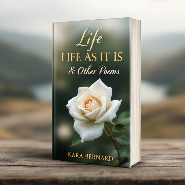 The cover features a close-up photograph of a single white rose, with dewdrops glistening on its petals. The background is a soft, blurred image of a poetic landscape, with rolling hills and a serene lake. The colors are muted, creating a sense of tranquility and introspection.