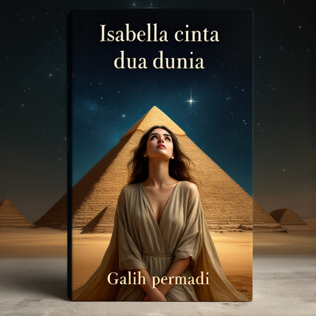 A simple and elegant woman, dressed in flowing robes, stands against a backdrop of the ancient Egyptian pyramids and a starry night sky. She gazes upward, her expression filled with wonder and mystery.