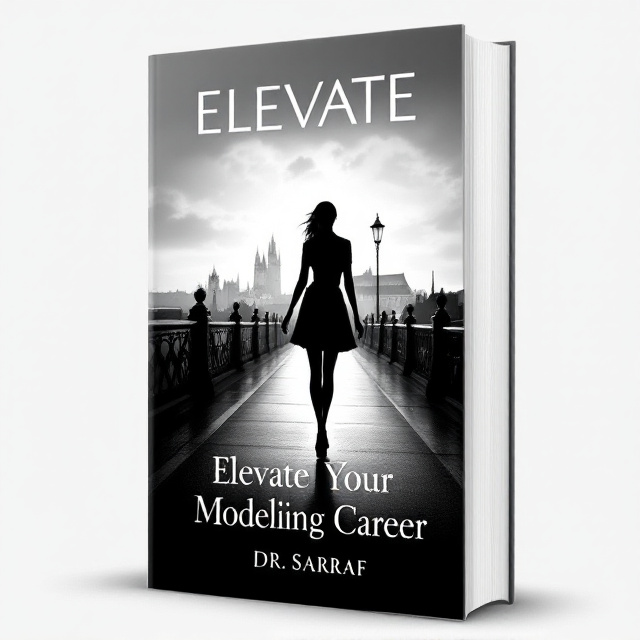 The cover features a silhouette of a model walking confidently on Charles Bridge, symbolizing the journey and progress in a modeling career. The model is centered, with the cityscape in the background and a subtle hint of a runway on the bridge. The overall style is sleek and sophisticated, with clean lines and a touch of glamour.
