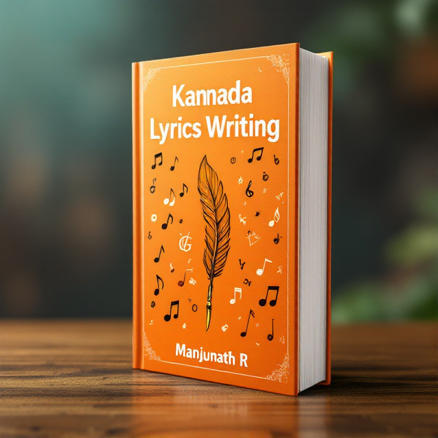The cover features a vibrant orange background with a subtle gradient. In the center, there is a stylized illustration of a quill pen, emphasizing the theme of writing lyrics. Surrounding the pen, there are various musical notes and symbols, representing the focus on music and creativity. The title "Kannada Lyrics Writing" is displayed prominently in bold, modern typography at the top of the cover. The author's name, "Manjunath R," is placed at the bottom in a more elegant, hand-lettered style.