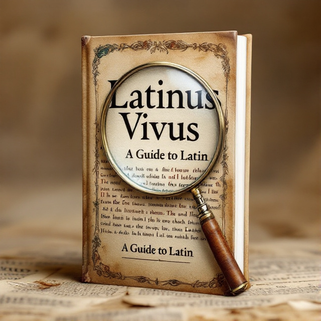 The cover features a close-up image of an ancient Latin manuscript, with intricate calligraphy and faded ink. Overlaying the manuscript image is a magnifying glass emphasizing the academic aspect of the book. The background is a textured parchment paper to give it an authentic and historical feel.