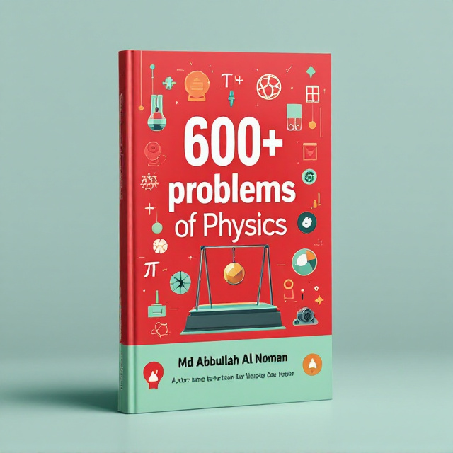 The cover features a bold and dynamic image of a Newton's cradle, symbolizing the concept of physics. Surrounding the cradle are various science-related elements such as an engine, the symbol for pi, and geometric shapes like circles and squares. The overall design has a redish theme with a light green contrast, creating a visually striking and energetic look.