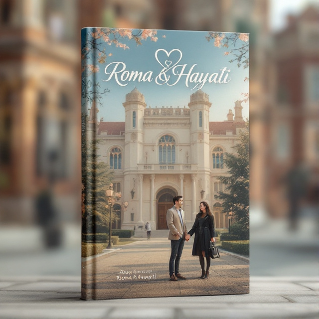The cover depicts a young couple, Roma and Hayati, standing in front of the Royal University. They are holding hands and smiling, exuding happiness and love. The background showcases the grand architecture of the university, creating a romantic and dreamy atmosphere.