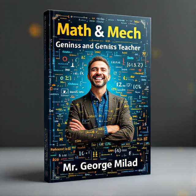 The cover features a vibrant background with a mix of mathematical operators and programming symbols, creating a visually stunning and energetic effect. In the center, a genius teacher is depicted, radiating joy and confidence, surrounded by equations and code snippets, symbolizing the merging of math and mechanics.