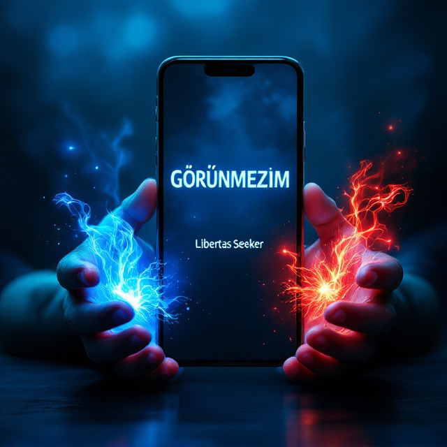 The cover features a close-up shot of two hands, one with blue magic flowing and the other with red magic flowing, in front of a mobile phone. The hands are positioned to create a dynamic and eye-catching composition. The background is a deep blue color, creating a magical and mysterious atmosphere. The secret stalker account, represented by the account name "Gorunmez_00," is displayed on the phone screen.