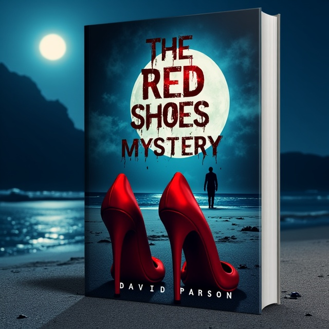 The cover features a striking image of a pair of high heeled red women's shoes abandoned on a desolate beach at night. In the background, there is a shadowy figure lurking, creating an eerie atmosphere. The moon shines brightly, casting an ominous glow over the scene.