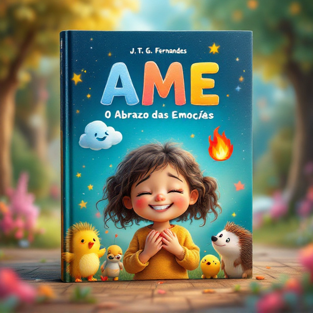 The cover features a cheerful and curious girl with her eyes closed and hands on her heart. Surrounding her are friendly figures representing different emotions a blue cloud for sadness, a golden bird for joy, a nervous hedgehog for anxiety, and a small red flame for anger. The background is a magical and enchanting valley, filled with soft and cozy details, a starry and colorful sky.